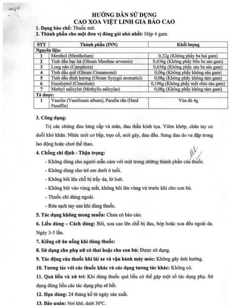 thông tin, cách dùng, giá thuốc Cao xoa việt linh gia bảo cao - ảnh 1