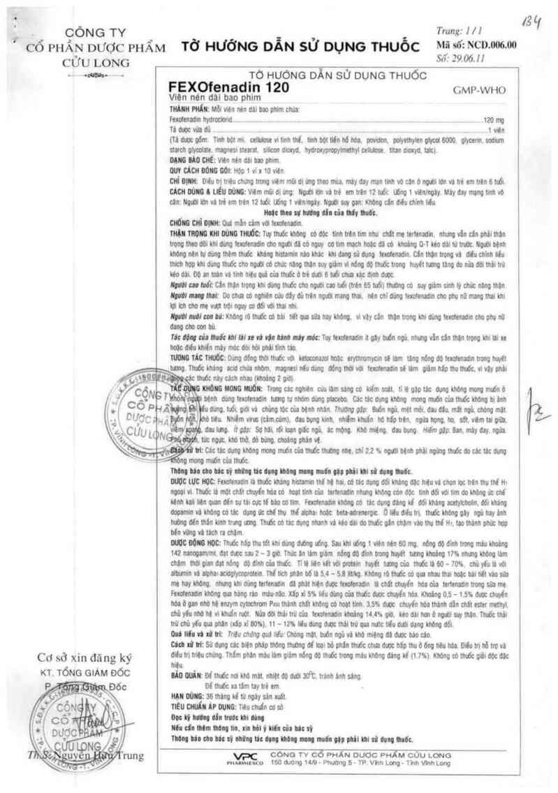 thông tin, cách dùng, giá thuốc Fexofenadin 120 - ảnh 2