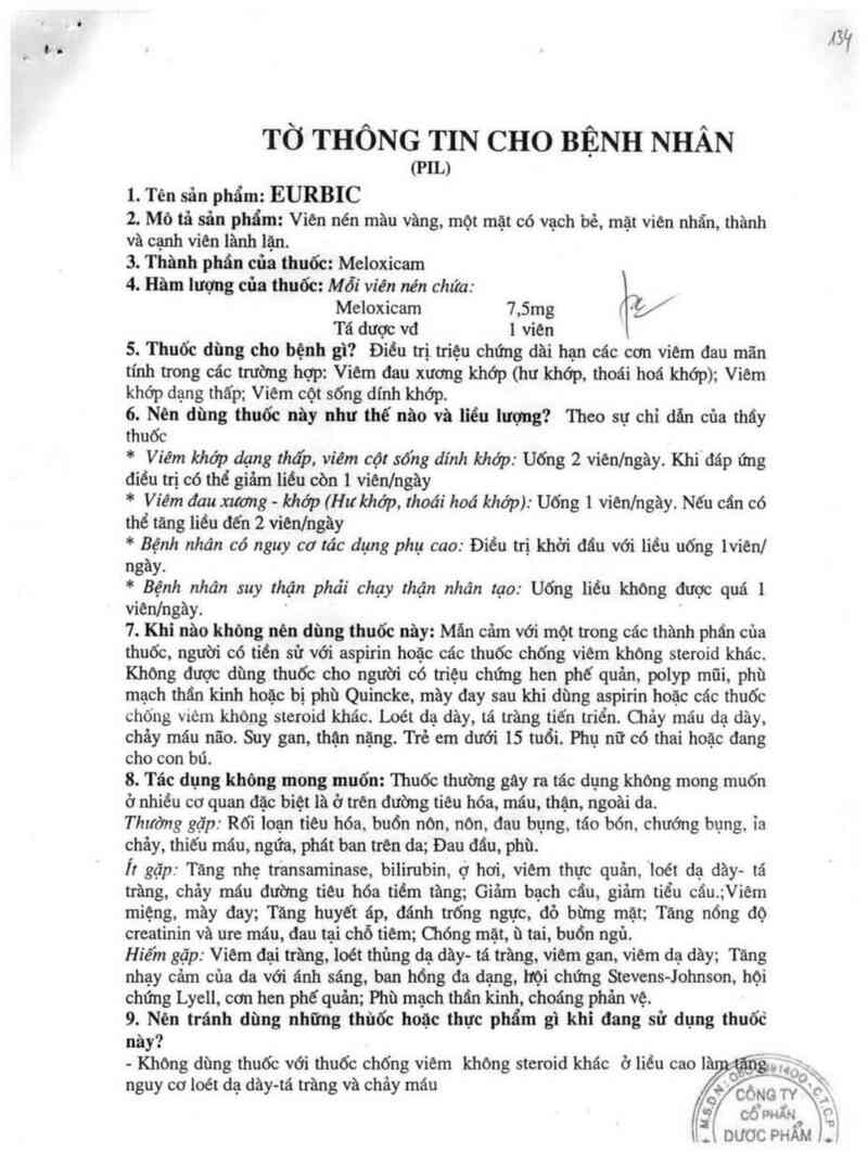 thông tin, cách dùng, giá thuốc Eurbic - ảnh 1