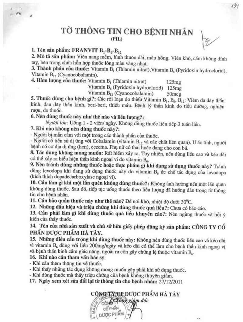 thông tin, cách dùng, giá thuốc Franvit B1-B6-B12 - ảnh 2
