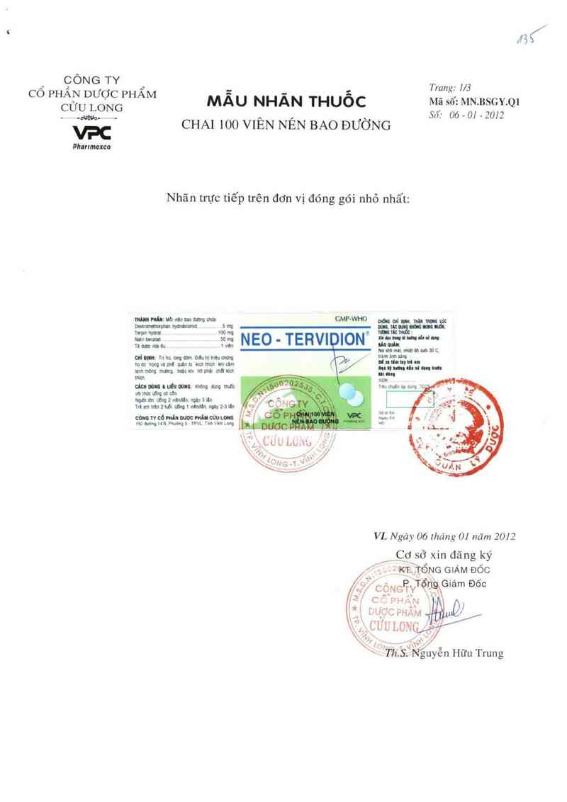 thông tin, cách dùng, giá thuốc Neo-Tervidion - ảnh 0