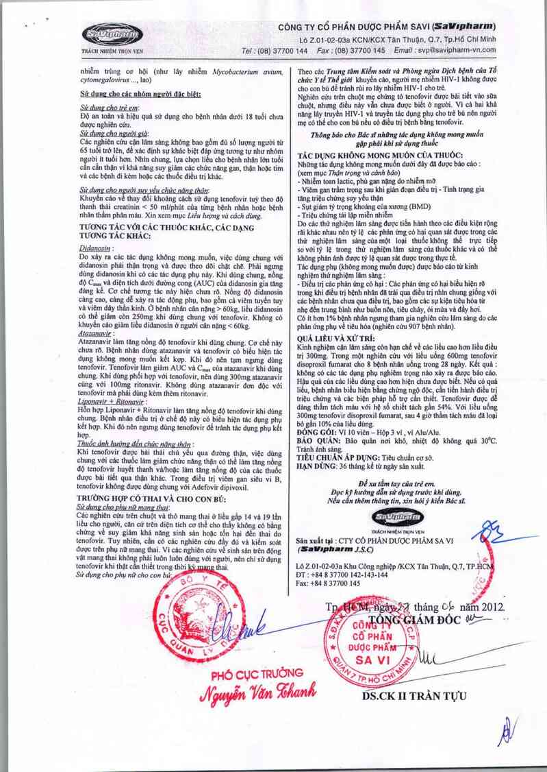 thông tin, cách dùng, giá thuốc Tenofovir SaVi 300 - ảnh 4