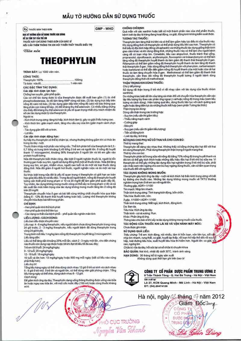 thông tin, cách dùng, giá thuốc Theophylin 100 mg - ảnh 1