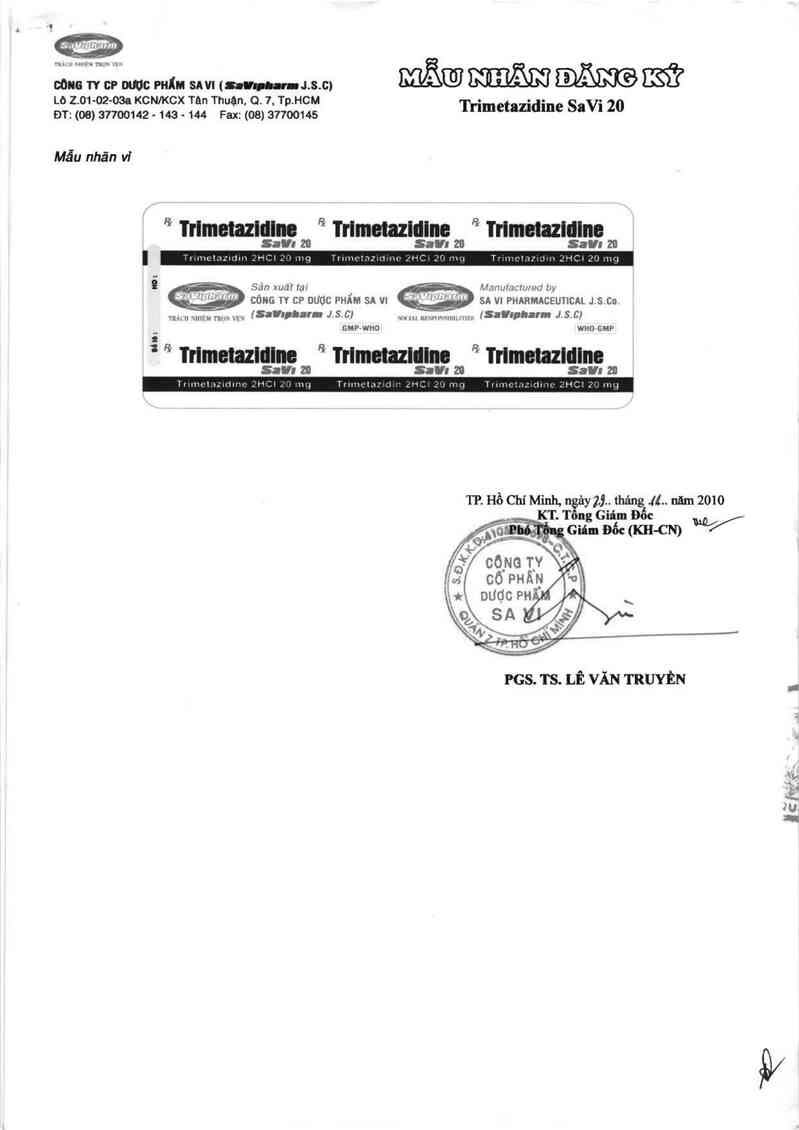 thông tin, cách dùng, giá thuốc Trimetazidine SaVi 20 - ảnh 1