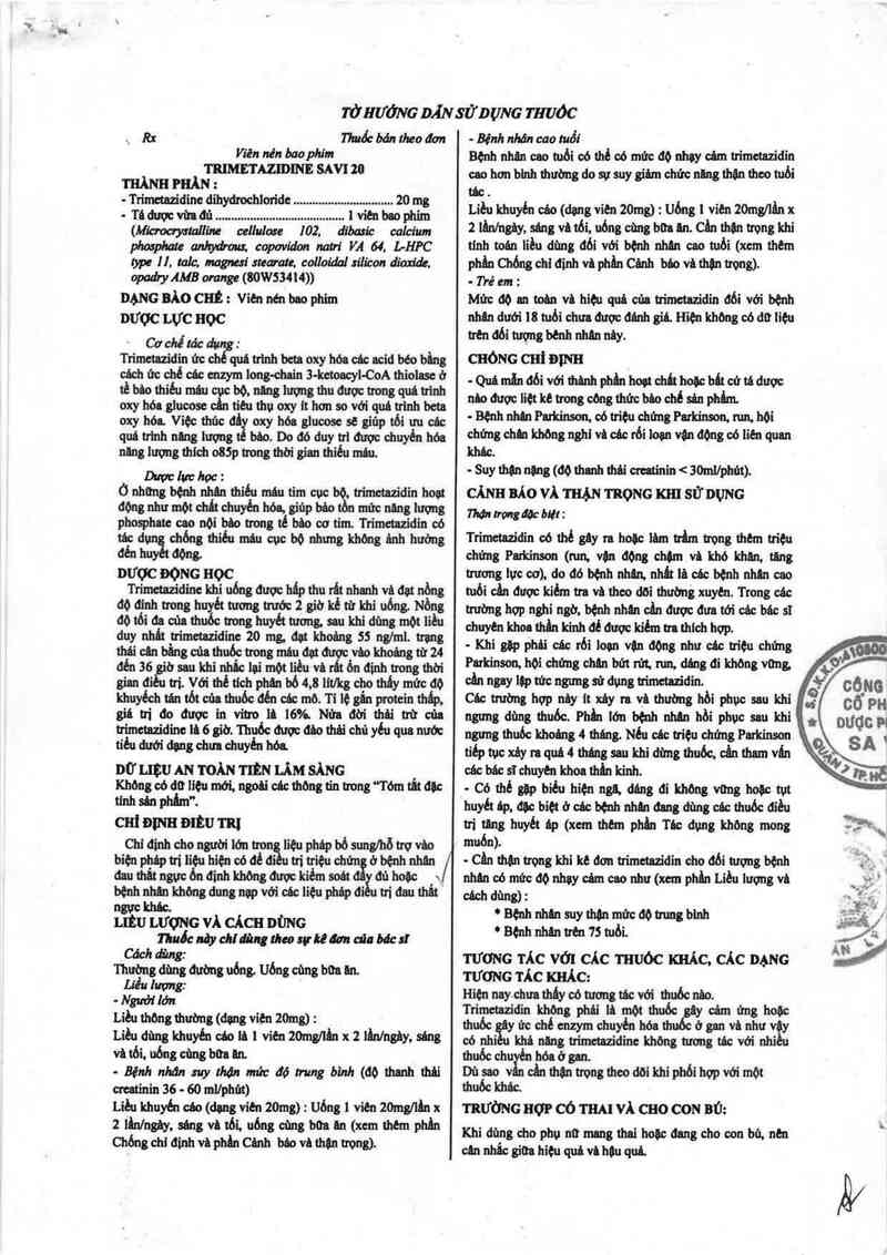 thông tin, cách dùng, giá thuốc Trimetazidine SaVi 20 - ảnh 2