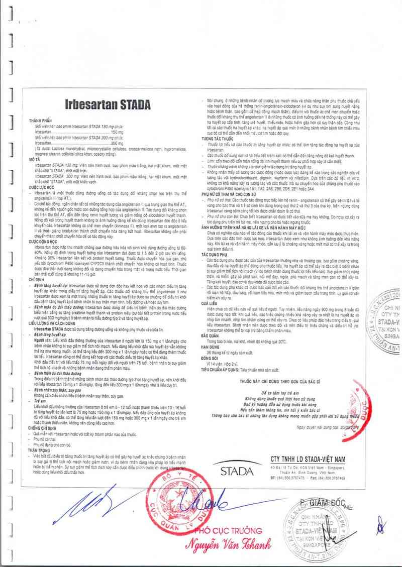 thông tin, cách dùng, giá thuốc Irbesartan Stada 150 mg - ảnh 1