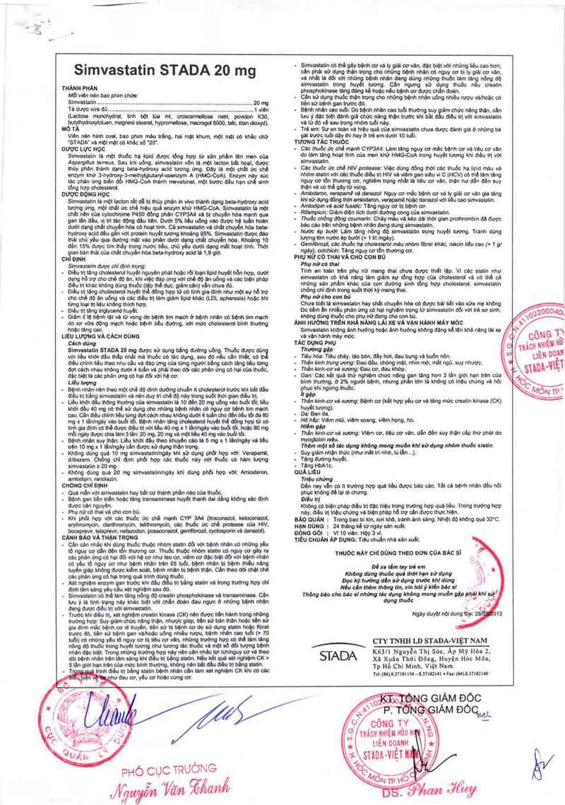 thông tin, cách dùng, giá thuốc Simvastatin Stada 20 mg - ảnh 1