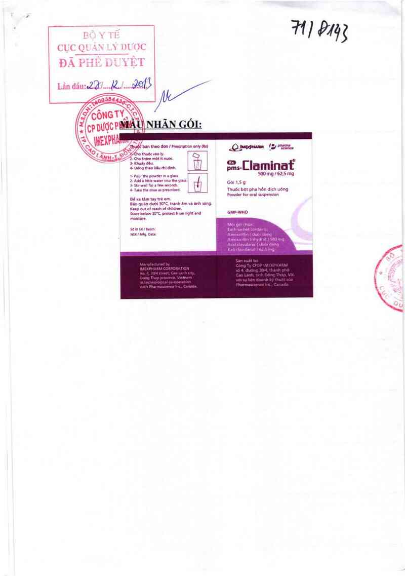 thông tin, cách dùng, giá thuốc pms - claminat 500 mg/62,5 mg - ảnh 0