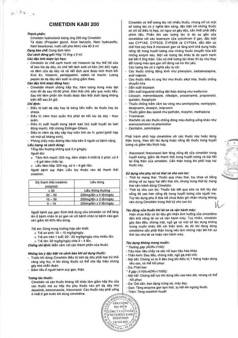 thông tin, cách dùng, giá thuốc Cimetidin Kabi 200 - ảnh 1