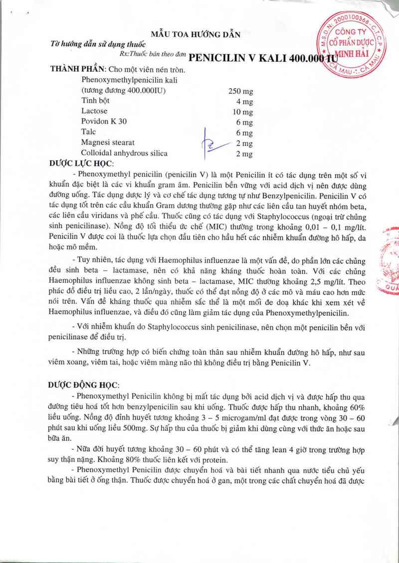 thông tin, cách dùng, giá thuốc Penicilin V Kali 400.000 IU - ảnh 1