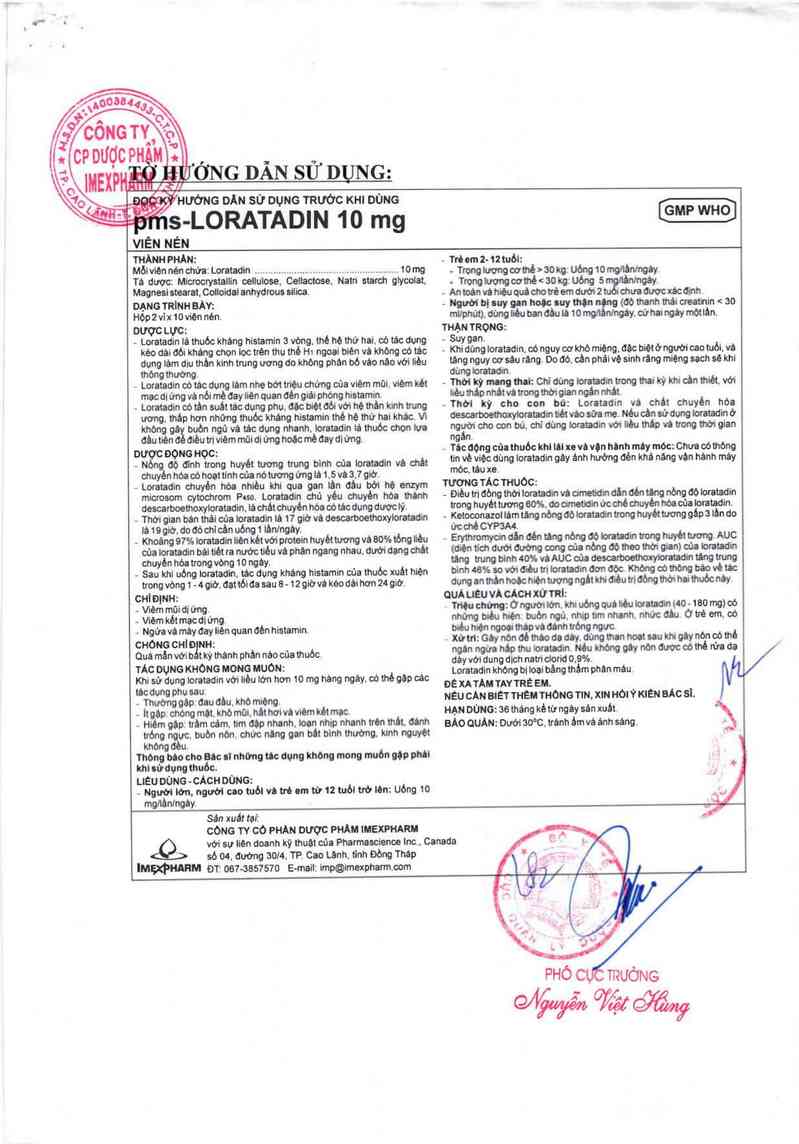 thông tin, cách dùng, giá thuốc pms - Loratadin 10 mg - ảnh 2