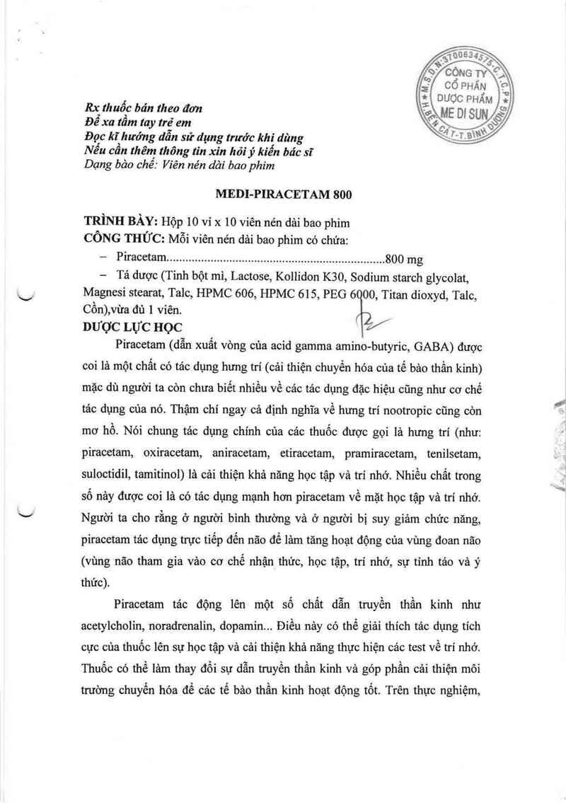 thông tin, cách dùng, giá thuốc Medi-Piracetam 800 - ảnh 1
