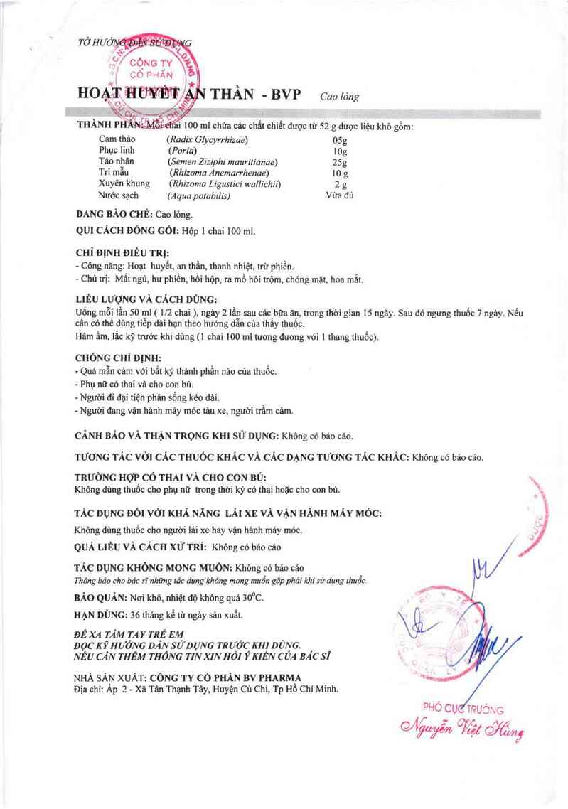 thông tin, cách dùng, giá thuốc Hoạt huyết an thần - BVP - ảnh 2