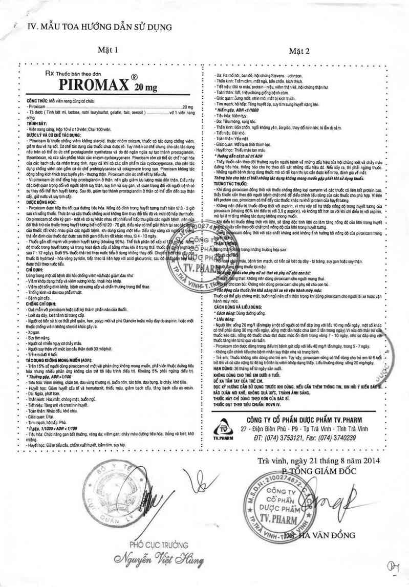 thông tin, cách dùng, giá thuốc Piromax 20 mg - ảnh 3
