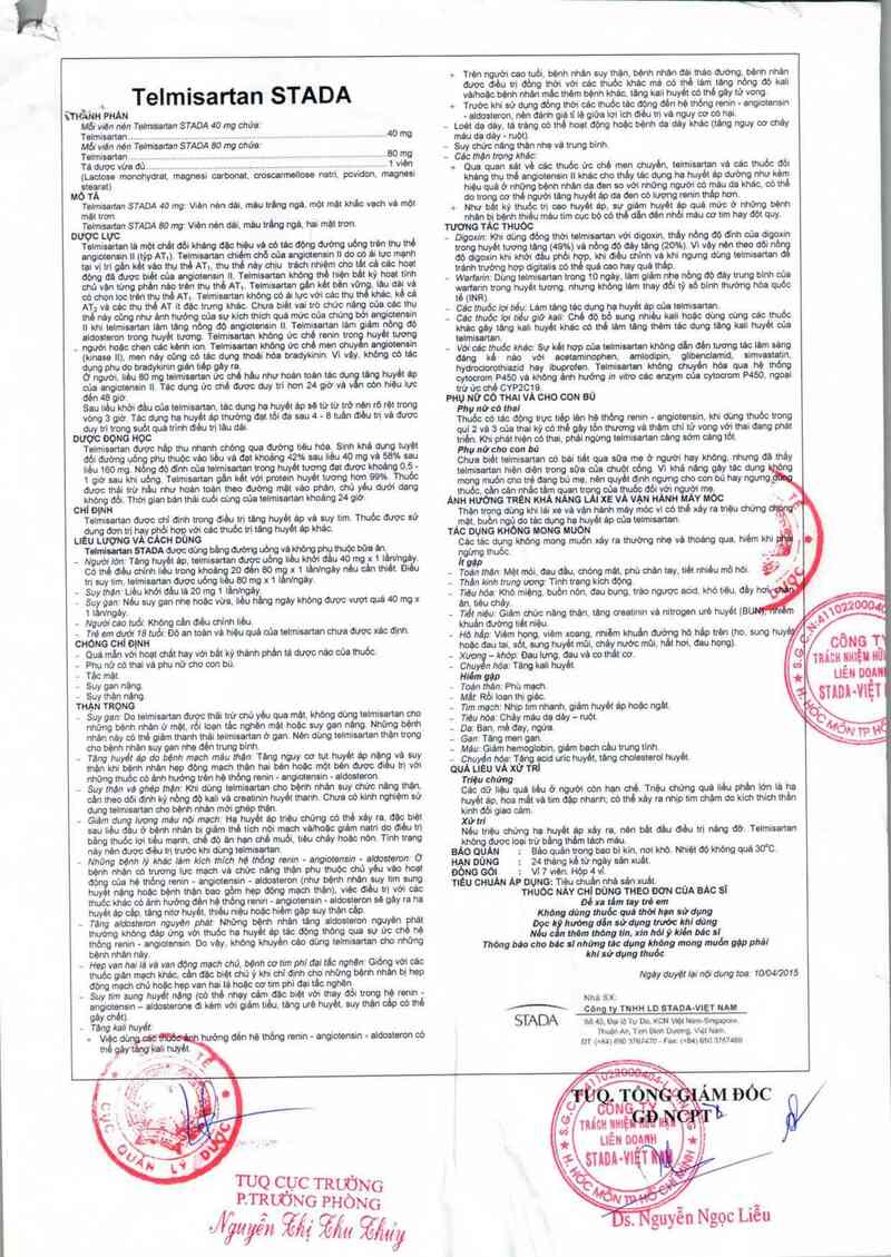 thông tin, cách dùng, giá thuốc Telmisartan Stada 80 mg - ảnh 1
