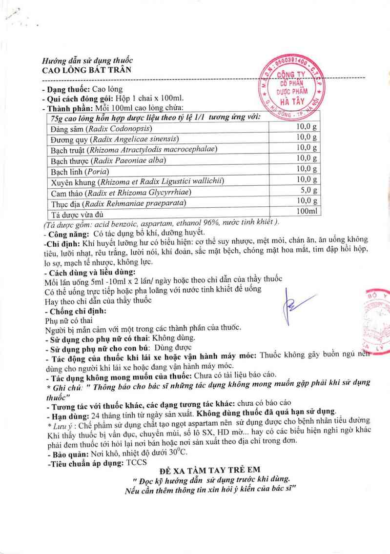 thông tin, cách dùng, giá thuốc Cao lỏng Bát trân - ảnh 1