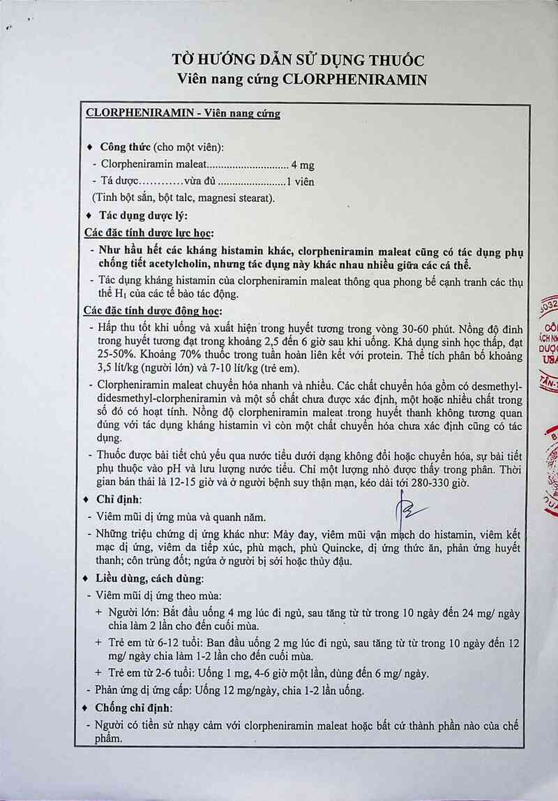 thông tin, cách dùng, giá thuốc Clorpheniramin - ảnh 1