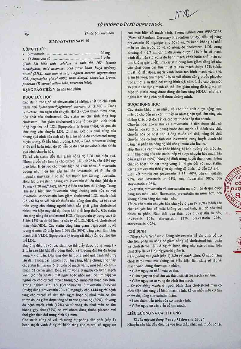 thông tin, cách dùng, giá thuốc Simvastatin Savi 20 - ảnh 1