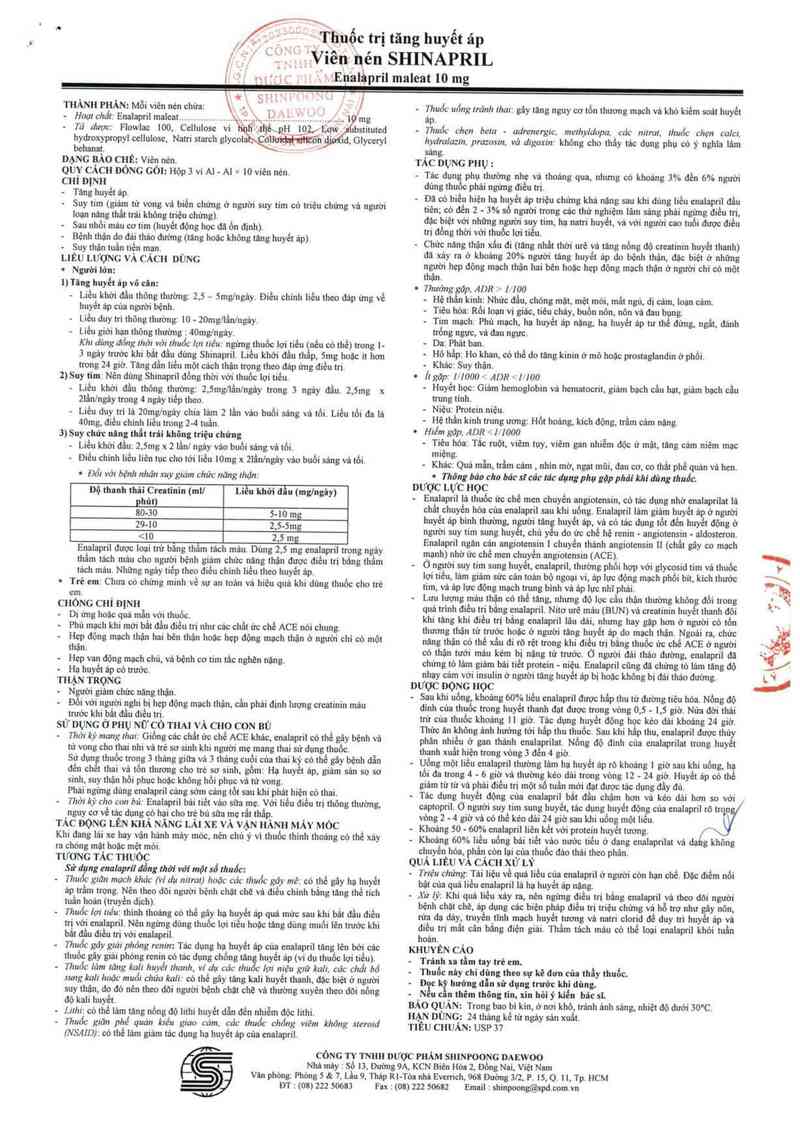 thông tin, cách dùng, giá thuốc Shinapril - ảnh 2