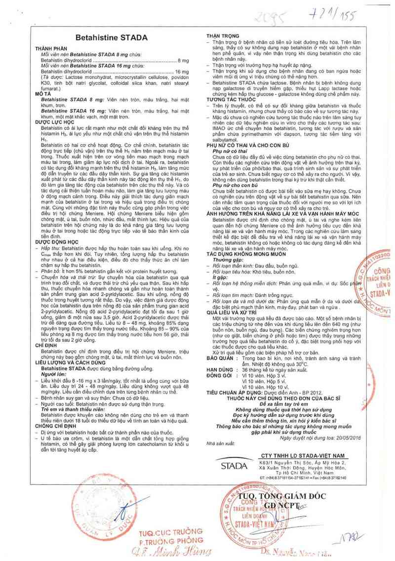 thông tin, cách dùng, giá thuốc Betahistine Stada 8 mg - ảnh 3