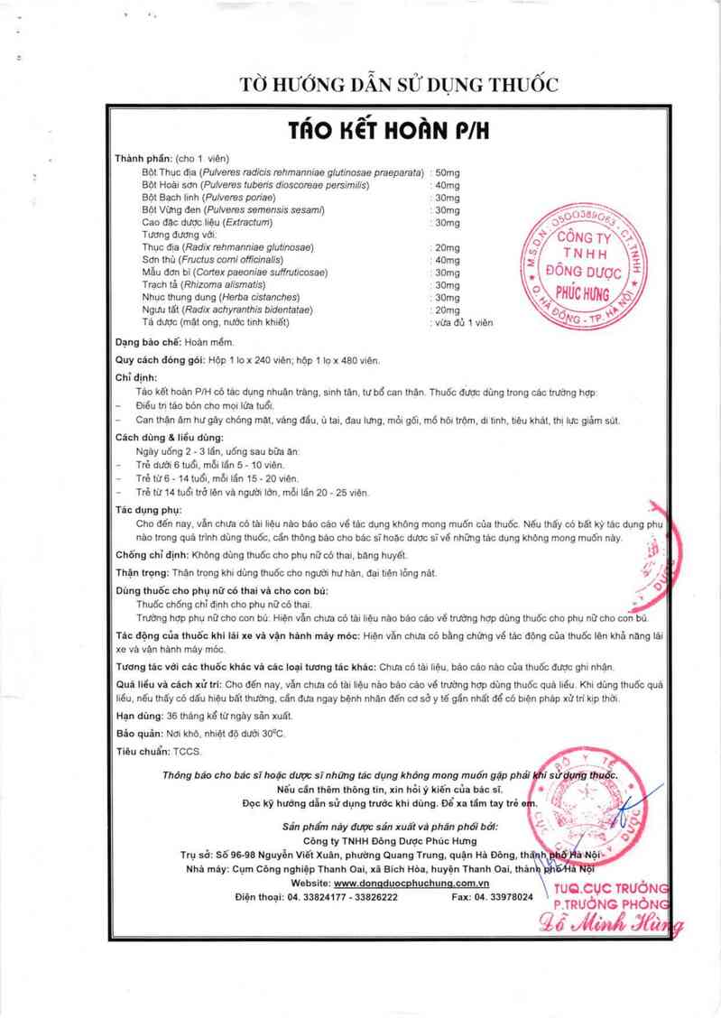 thông tin, cách dùng, giá thuốc Táo kết hoàn P/H - ảnh 2