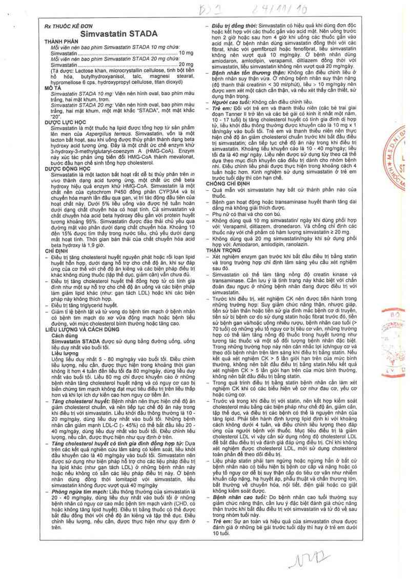thông tin, cách dùng, giá thuốc Simvastatin Stada 10 mg - ảnh 1