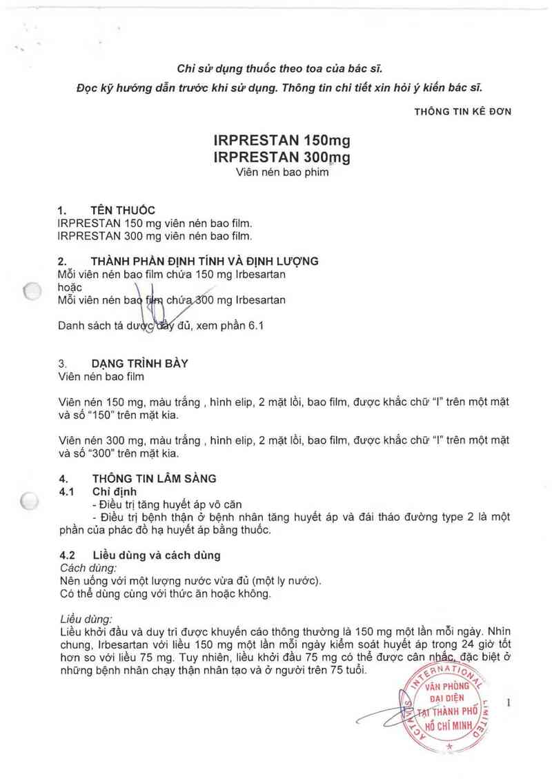 thông tin, cách dùng, giá thuốc Irprestan 150mg - ảnh 2