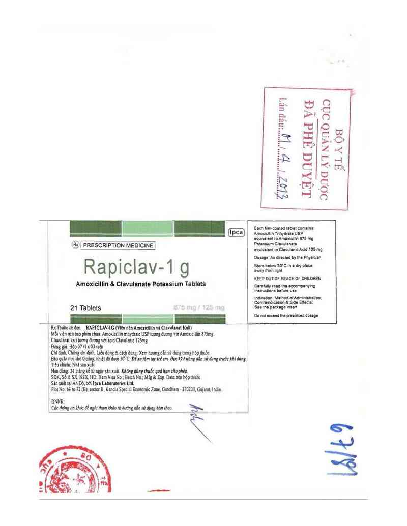 thông tin, cách dùng, giá thuốc Rapiclav-1g - ảnh 1