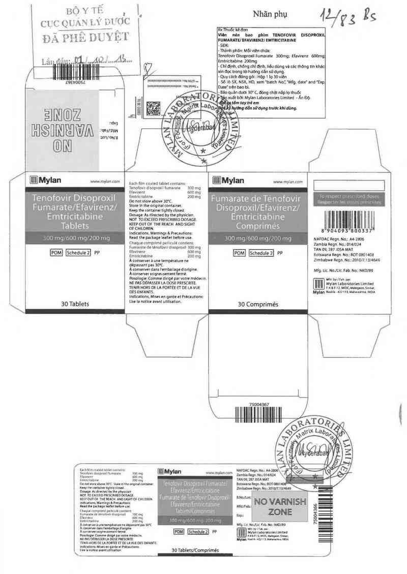 thông tin, cách dùng, giá thuốc Tenofovir Disoproxil fumarate/ Efavirenz/Emtricitabine 300mg/600mg/200mg - ảnh 0