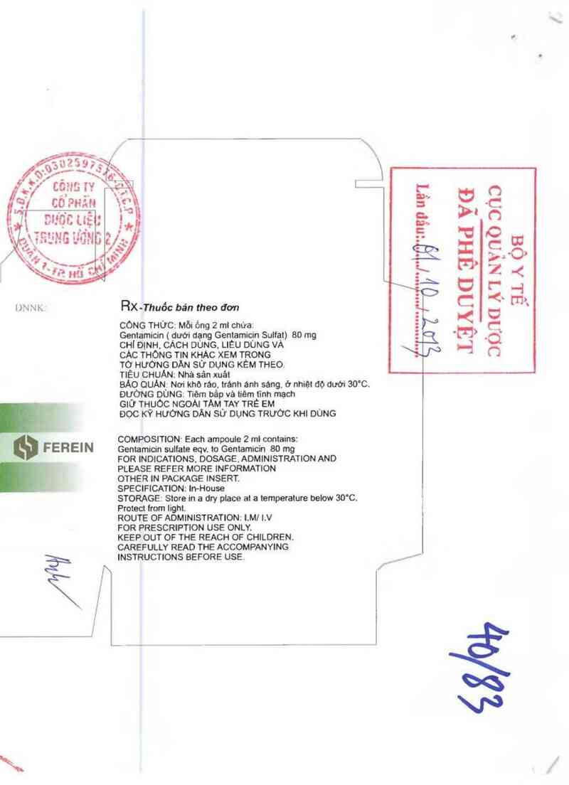 thông tin, cách dùng, giá thuốc Gentamicin-Ferein - ảnh 1