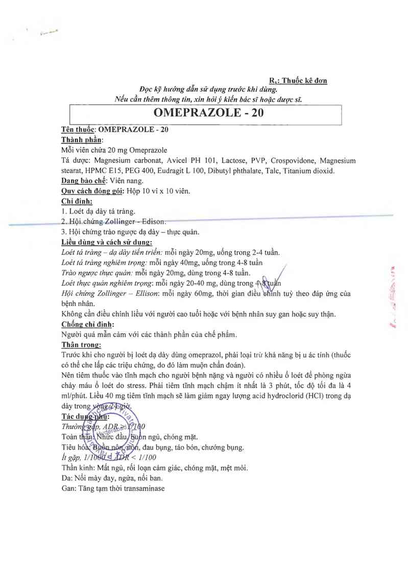 thông tin, cách dùng, giá thuốc Omeprazole-20 - ảnh 1