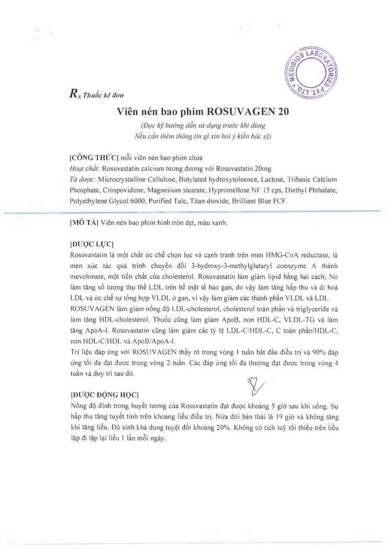 thông tin, cách dùng, giá thuốc Rosuvagen 20 - ảnh 1