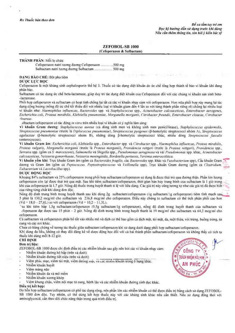 thông tin, cách dùng, giá thuốc Zefobol-SB 1000 - ảnh 1