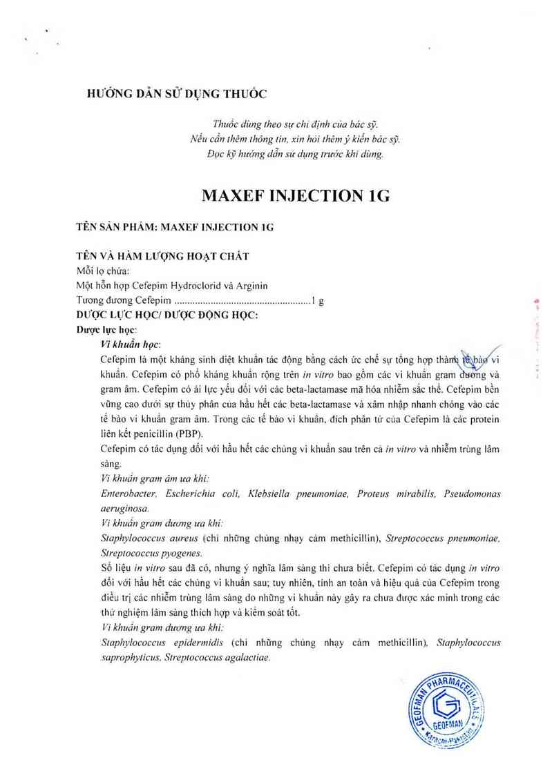 thông tin, cách dùng, giá thuốc Maxef Injection 1g - ảnh 1