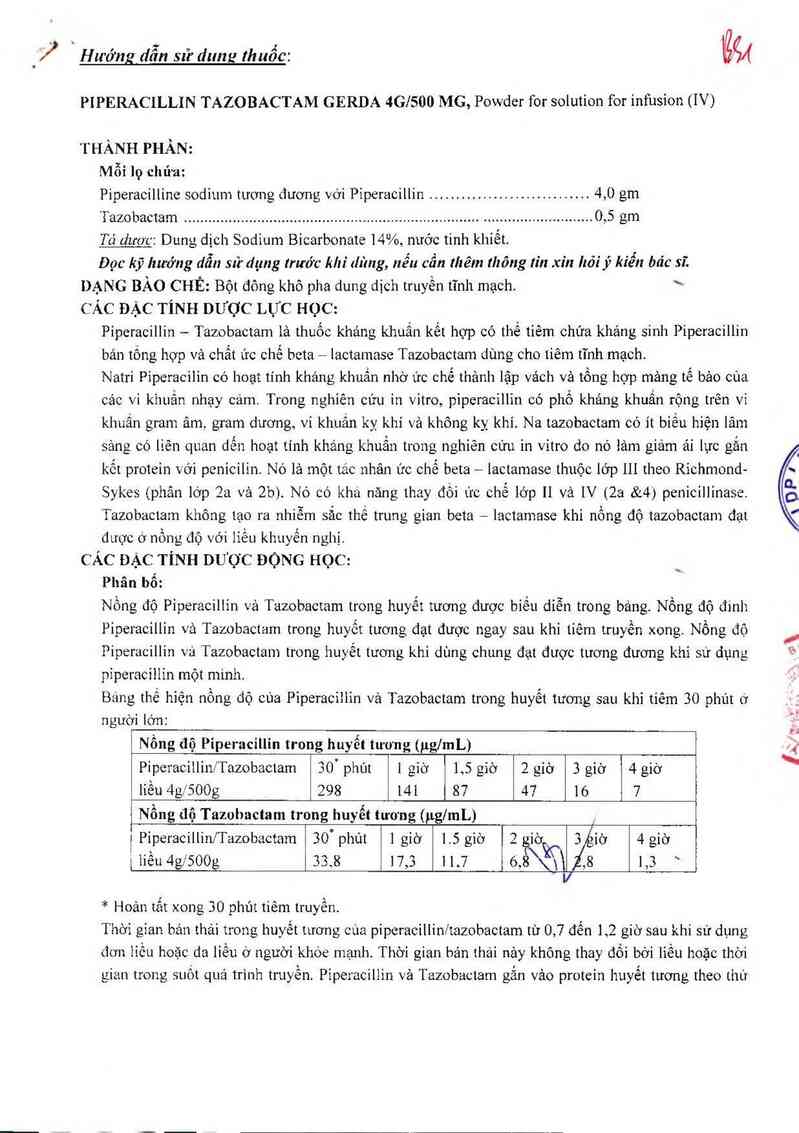 thông tin, cách dùng, giá thuốc Piperacillin Tazobactam Gerda 4g/500mg - ảnh 2