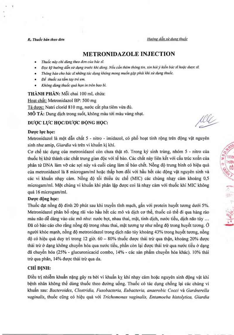 thông tin, cách dùng, giá thuốc Metronidazole Injection - ảnh 1