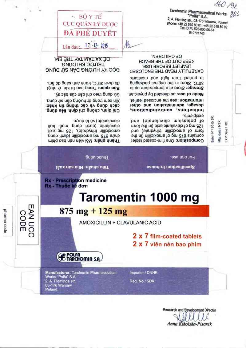 thông tin, cách dùng, giá thuốc Taromentin 1000 mg - ảnh 0