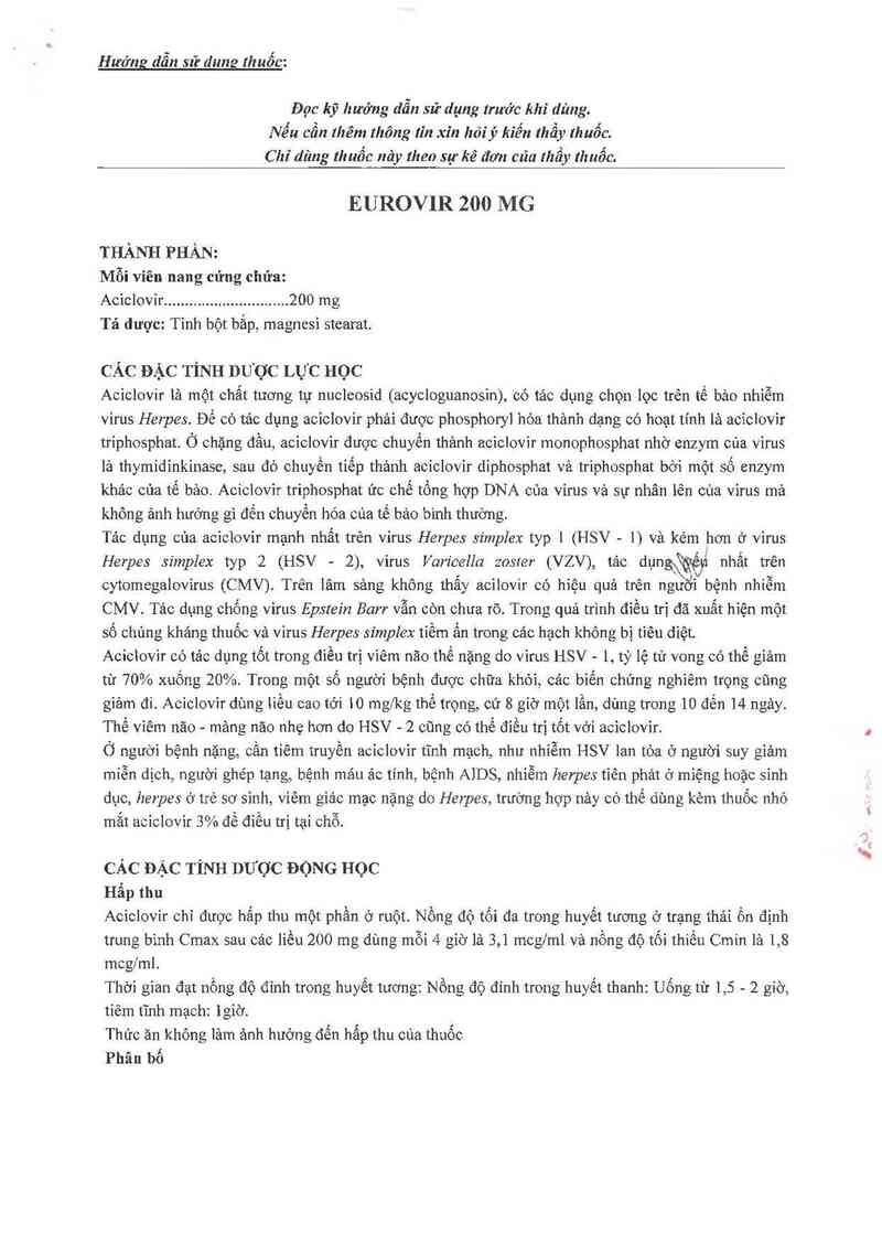 thông tin, cách dùng, giá thuốc Eurovir 200mg - ảnh 1