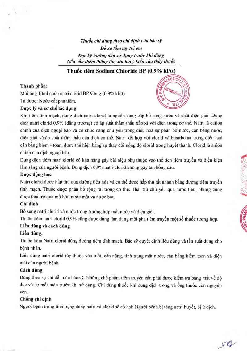 thông tin, cách dùng, giá thuốc Sodium Chloride Injection BP (0.9% W/V) - ảnh 1