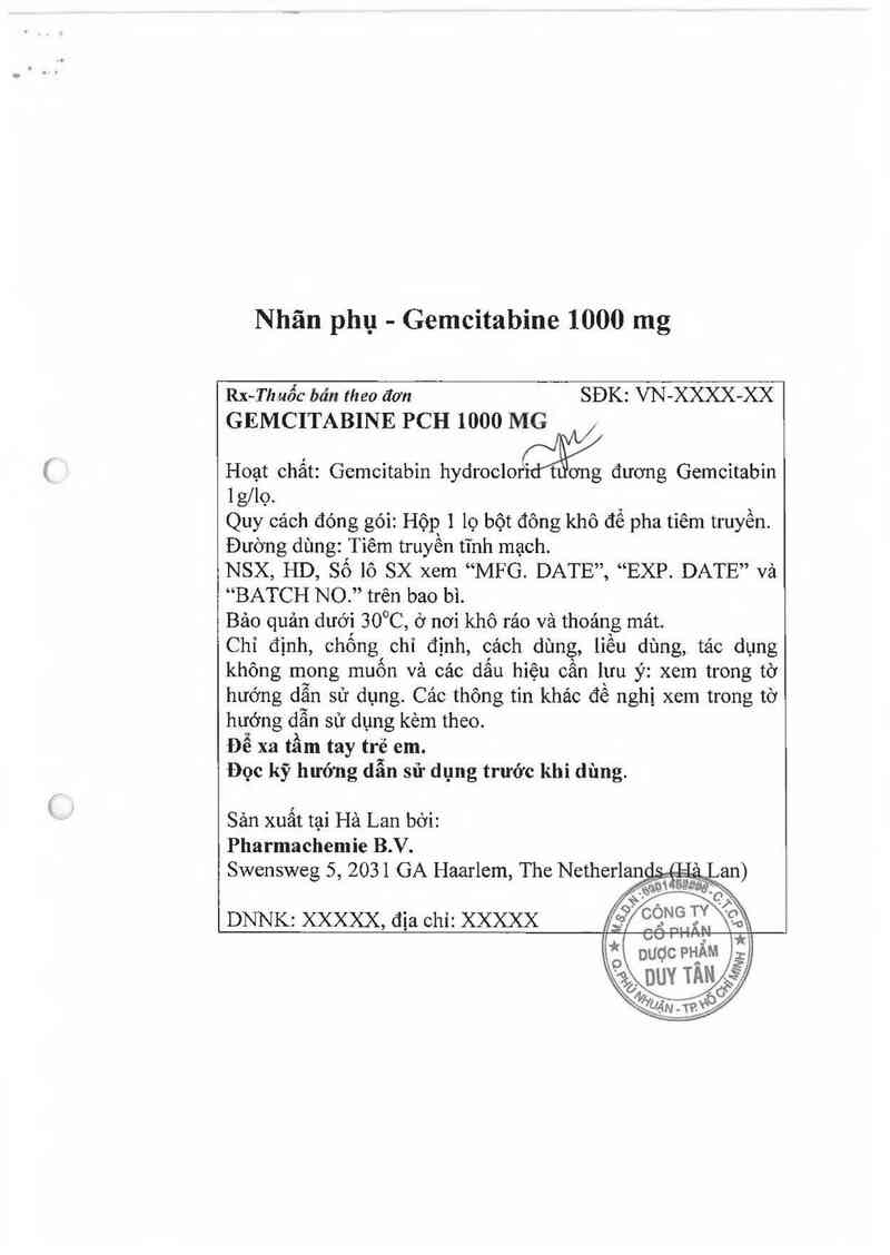 thông tin, cách dùng, giá thuốc Gemcitabine PCH 1000 mg - ảnh 1