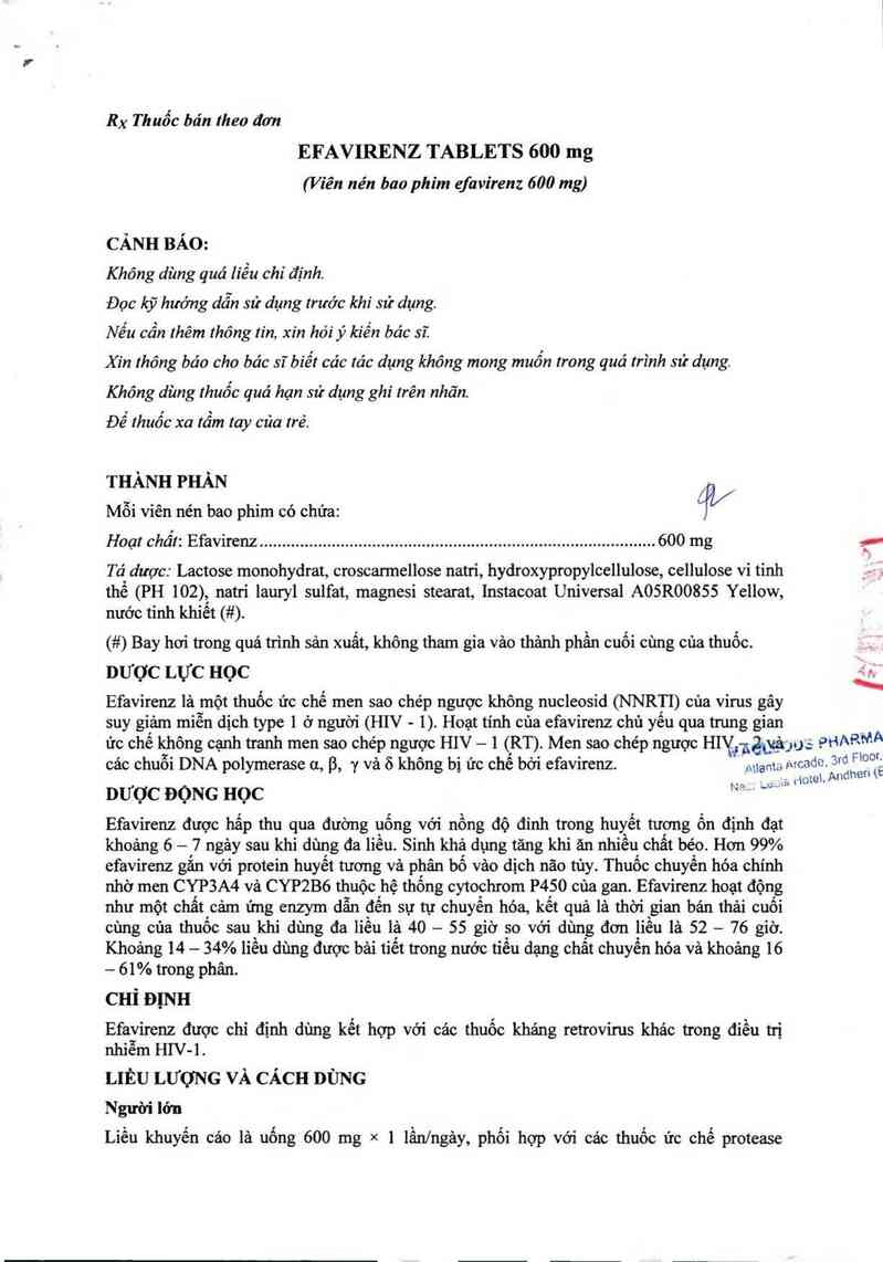 thông tin, cách dùng, giá thuốc Efavirenz Tablets 600mg - ảnh 1