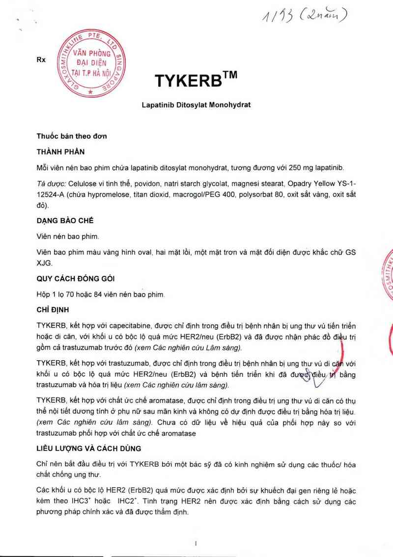thông tin, cách dùng, giá thuốc Tykerb (Cơ sở đóng gói, xuất xưởng: GlaxoSmithKline Australia Pty Ltd, địa chỉ: 1061 Mountain Highway, Boronia Victoria 3155, Australia) - ảnh 2