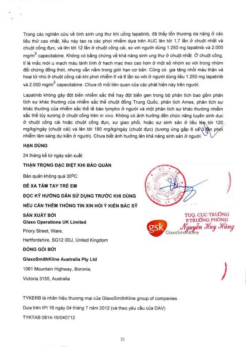 thông tin, cách dùng, giá thuốc Tykerb (Cơ sở đóng gói, xuất xưởng: GlaxoSmithKline Australia Pty Ltd, địa chỉ: 1061 Mountain Highway, Boronia Victoria 3155, Australia) - ảnh 22